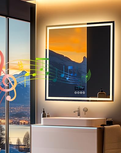 LUVODI Badspiegel mit Beleuchtung Bluetooth: 80x80 cm LED Wandspiegel mit Hintergrundbeleuchtung Frontbeleuchtung, Uhr, Wetterstation, Antibeschlag, Dimmbar, Speicherfunktion