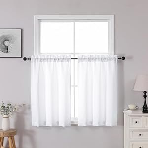 Owenie heidi white kitchen curtains tiers 24 inch length 2 panels set for kitchen bathroom rod pocket kitchen window curtains over sink solid farmhouse short curtains for small window 30 w 24 l  urban country home decor