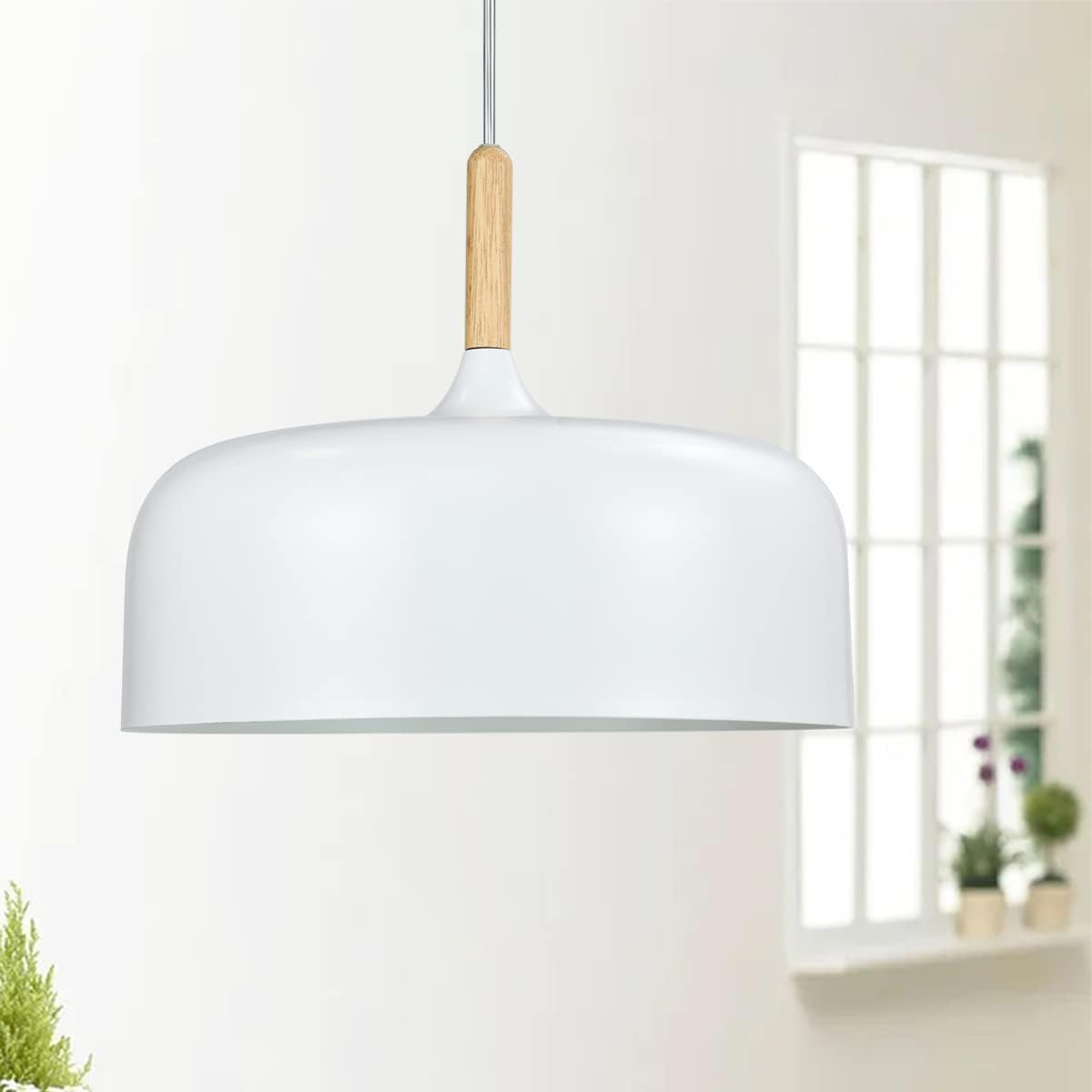 Luke Nordic Metal Pendant Light with Metal Shade and Wooden Deco for Kitchen Island,Dining Room,Café,Adjustable Metal Ceiling Light Fixture,Modern Design,White