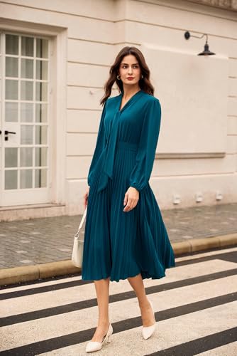 GRACE KARIN Womens 2025 Fall Long Sleeve Dress, Casual V Neck Pleated A Line Flowy Midi Dresses2
