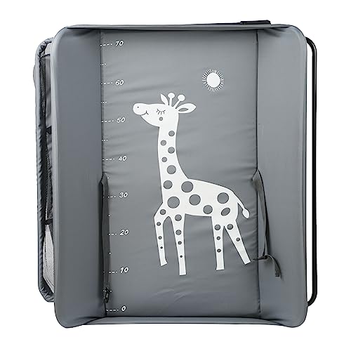 MUL-BOUTIQUE Baby Foldable Changing Table with Wheels, Adjustable Height Mobile Nursery Organizer with Safety Belt & Large Storage Racks, Grey