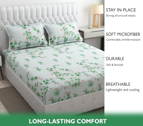 Image of Fresh From Loom Floral Print 240 TC Microfiber Fitted King Size Bedsheet Set with 2 Pillow Cover - Hypoallergenic & Soft (Size - 78 x 72 Inches (Fits up to 10 Inch) | Cyan, Floral Design)