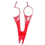 Una Pieza Erótica Bodies Profundo V Picardías Charol con Pecho Desnudo y Entrepierna Abierta Sexy Bodysuit (Rojo)