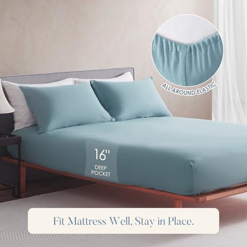 DAPU Pure Linen Sheets Set, 100% French Linen from Normandy, Breathable and Durable for Hot Sleepers, 4 Pcs Set - 1 Flat Sheet, 1 Fitted Sheet, 2 Pillowcases (Ocean, Queen)