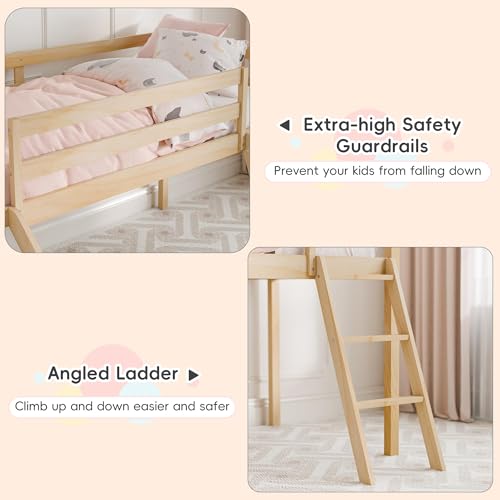 MU Twin Loft Bed, Toddler Loft Bed with Slide and Climbing Ladder & Safety Guard Rail, Lower Storage Space for Kids Toddler, Natural Wood - Thumbnail 6