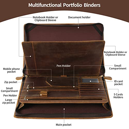 Ringsun Genuine Leather Portfolio Organizer for Men Women with Handle, Full Grain Leather Padfolio Folder with Zipper Business Resume Portfolio for 12.9" iPad, Brown, RS118