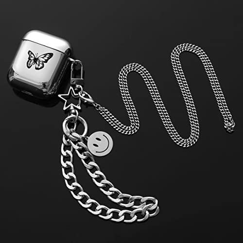 Black White Butterfly For Airpods Case With Keychain And Necklace, Soft Tpu Silver Plated Shockproof Protective Cover For Black Butterfly Cc #TOP1