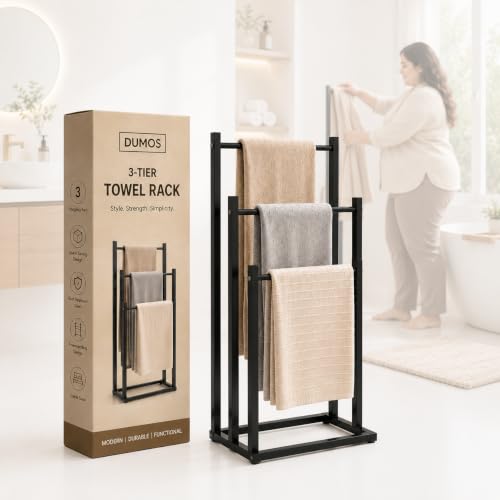 Image of Towel Rack Stand for Bathroom | 3-Tier Metal Towel Holder | Rust Resistant Powder-Coated Steel | Space Saving Towel Drying Stand for Bath Towels, Hand Towels & Blankets | Black /White