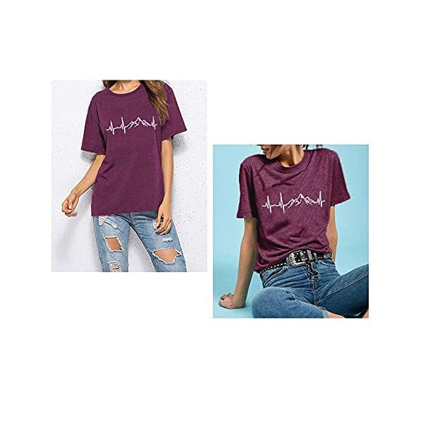 Mountain-Heartbeat-T-Shirts-for-Women-Casual-Hiking-Athletic-Short-Sleeve-Camping-Travel-Graphic-Tees-Tops Mountain Tshirts Shirts for Women Hiking Graphic Tees Funny Print Crewneck Shirts Cute Vintage Summer Tops Short Sleeve Casual Tees Novelty Tshirts Purple,M