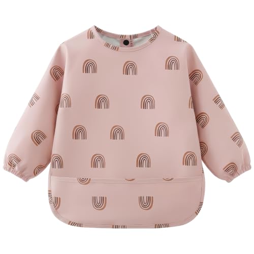 AOOTE Bavoir Manche Longues, Imperméable Bib Bébé en PU pour Bébés Infants, Bavette de Sevrage avec Manches Longues, Bavoir à Manches Bébé avec Poches,...