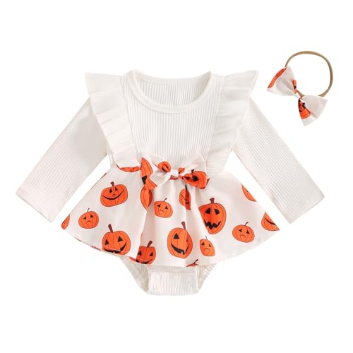 Image of Covvoliy Newborn Baby Girl Clothes Floral Print Ruffle Long Sleeve Romper Dress Infant Fall Winter Outfits Headband