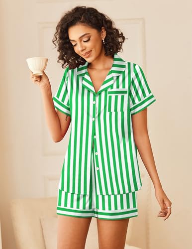 Image of Ekouaer Silk Pajamas for Women Button Down Sleepwear 2 Piece Pjs Shorts Set | Classic Short Sleeve Notch Neck Lounge Set with Pockets,Soft Cute Pj Set,Bridal Gifts,Pajama Party,Maternity Outfits