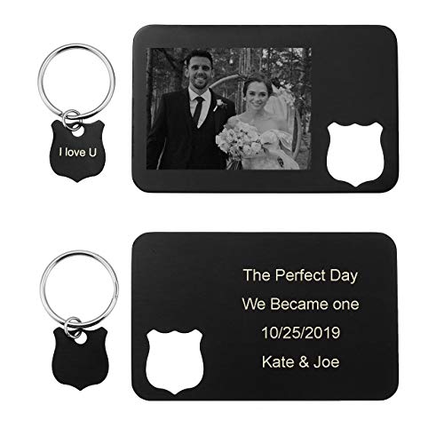 Personalized Master Custom Photo Text Stainless Steel Wallet Insert Card & Matching Keychain Customized Picture Love Note Anniversary Birthday Gifts, Police Badge