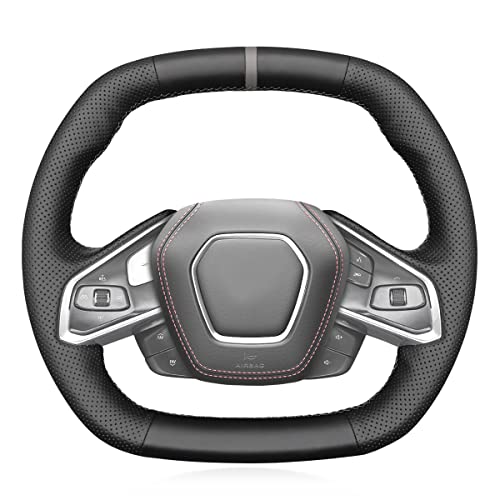 MEWANT Custom Hand Stitch Black Genuine Leather Steering Wheel Wrap for Chevy Corvette (C8) 2020-2023 Stingray Z06