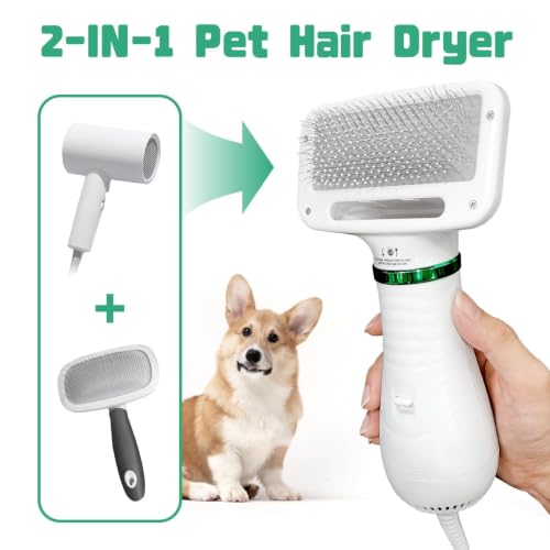 Image of 2 in 1 Pet Hair Dryer Brush for Dogs & Cats | Pet Grooming Slicker Brush with Adjustable Heat | Low Noise Deshedding Dryer Brush for Small, Medium & Large Pets | One Hand Grooming Tool