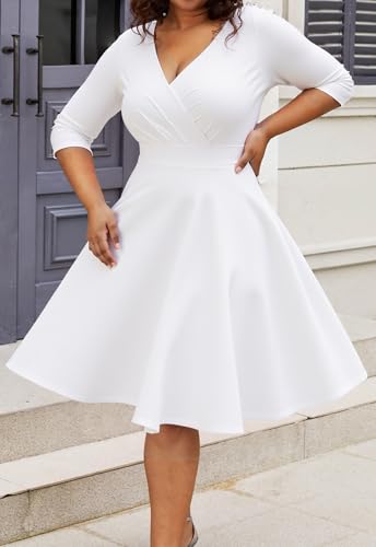 Image of Womens Plus Size Dresses Faux Wrap Summer Dress 3 /4 Sleeves V Neck 1950s Retro Vintage Wedding Party Midi Dress