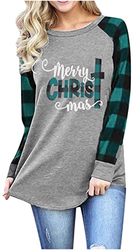 Merry Christmas Tee Shirts Women Christmas Tee Shirts Tops Letter Print Long Sleeve Raglan Baseball Tee Shirts Green