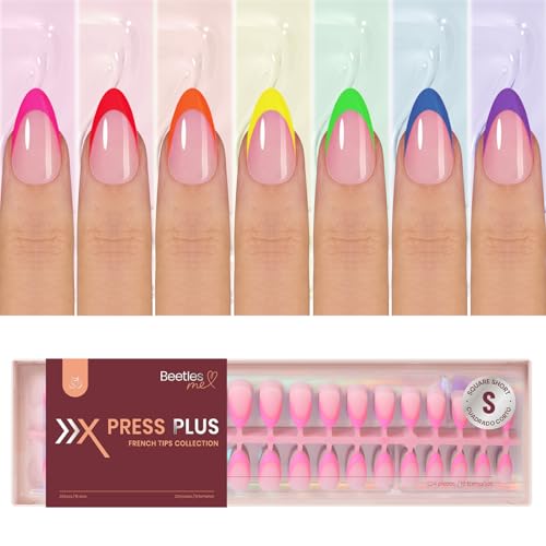 Image of Beetles Summer Press On Nails 224 Pcs 7 Colors, French Tip Nails Short Almond Classic Fake Nail Tips, Rainbow Soft Gel Nails False Nails Art DIY For Women