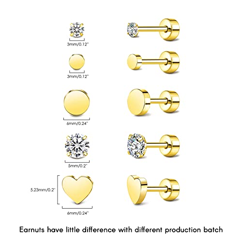 Fibban Screw Back Stud Earrings Set: Small 14K Gold Plated Cubic Zirconia Cartilage Jewelry For Women - Tiny Silver Hypoallergenic Surgical Steel Cz Tragus Pack For Piercing Sensitive Ear (Gold) #TOP2