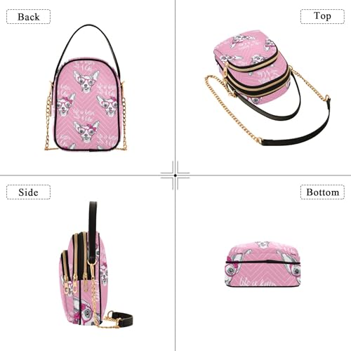Women's Shoulder Handbag Decorative Cell Phone Wallet Chain Purse Quilted Zipper Bowler Tote Ladies Satchel Cute Chihuahua Dogs Pink Bows Pink Sketch4