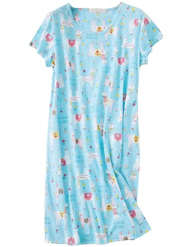 QUCH Nightgowns for women Cotton Womens Nightgown Short Sleeves Sleep Shirts Women's Sleepwear Print Pajama Night Shirts Blue Llama XL