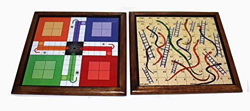 Image of Reversible Wooden Magnetic Ludo /Snakes and ladders Game /Fun /Travel Board Game with Dice (Brown) Size - 25 x 25 x 2 cm