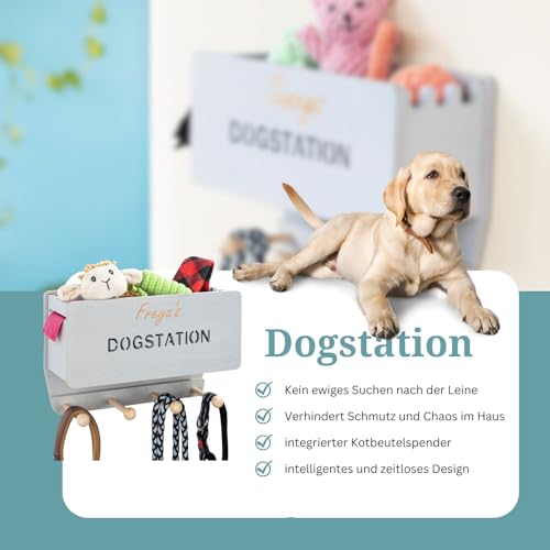 INEXTERIOR Hundegarderobe CLASSIC aus Holz - personalisierbar - in Deutschland handgefertigt - Aufbewahrung für Hundeleinen (Grau, Schriftzug Dogstation + Name)