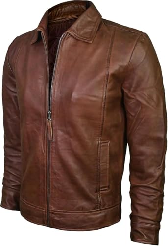 Mens Genuine Waxed Lambskin Leather Wick Jacket - Polo Collar Leather Downtown Moto Jacket2