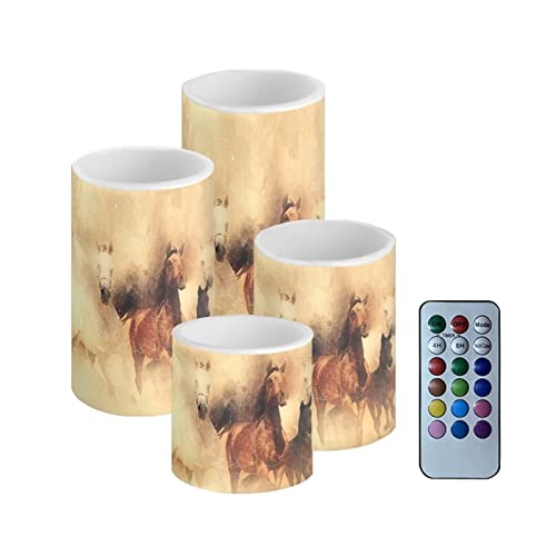 Image of Vintage Running Horse Outdoor Waterproof LED Candles Battery Operated Set of 4 with Timer Remote Colour Changing Pillar Candles for Fall Halloween Decor