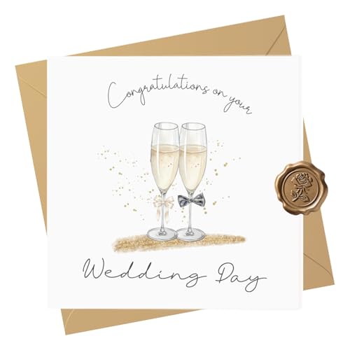Tayenura Wedding Card for Bride and Groom with Champagne Flutes and Bow Detail Stylish Set with Kraft Envelope and Embossed Seal Sticker Thoughtful Wedding Gift for the New Mr and Mrs