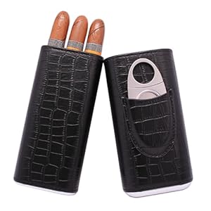 3 Tubes Classic Black Crocodile Pattern Leather Cigar Case Humidor with Cedar Wood Lined in Gift Box, Cigar Cutter Contained