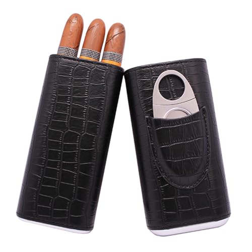 3 Tubes Classic Black Crocodile Pattern Leather Cigar Case Humidor with Cedar Wood Lined in Gift Box, Cigar Cutter Contained