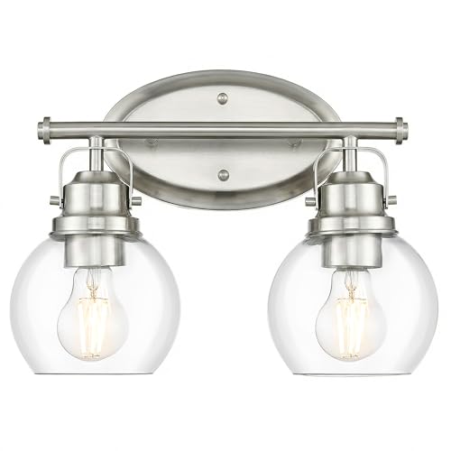 Image of Bathroom Light Fixtures, 2-Light 14 inch Brushed Nickel Vanity Lights with Clear Globe Glass Shades, Farmhouse Vintage Vanity Lighting Fixtures Over Mirror, E26 Base, AD-2147-2W-SN