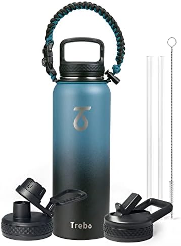 Farsea 40 Oz Insulated Water Bottle With Paracord Handle & 2 Lids - Stainless Steel, Wide Mouth
