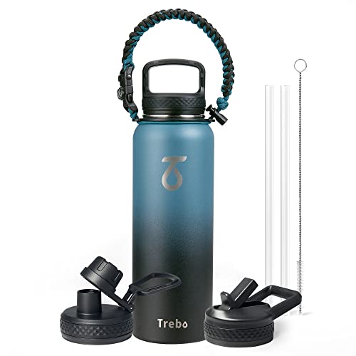Trebo Water Bottle Insulated 40oz with Paracord Handle, Vacuum Double Wall Stainless Steel Water Jug, 48hr Cold Retention, Leakproof BPA-Free Flask With 3 Lids Fits in Car Cup Holder, Indigo/Black