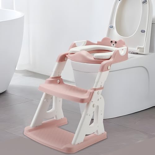 Image of PandaEar Potty Training Seat with Step Stool Ladder, Toddler Toilet Seat for Kids Boys Girls, Comfortable Safe Potty Seat with Anti-Slip Pads Ladder & Bear Design -Pink