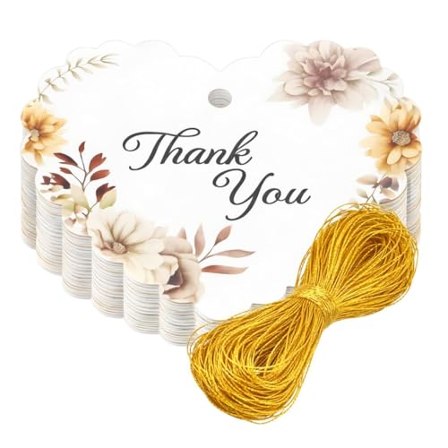 Image of CVANU Heart Shaped Thank You Tags 100-Pcs with Golden String, Floral Design Gift Tags for Wedding Favors| Birthday Party| Small Business Packaging (2.16x2.36 inch) D6