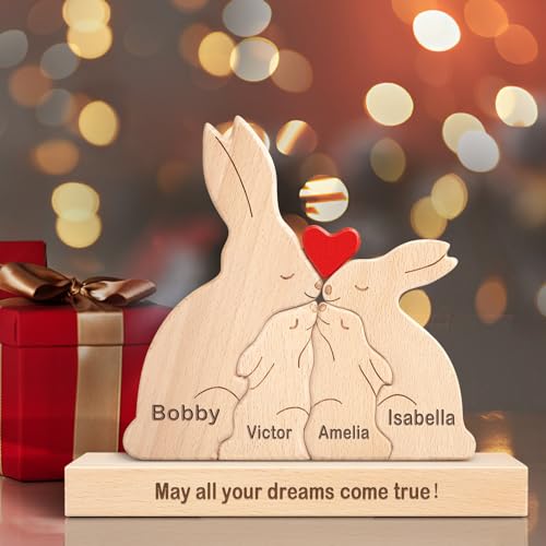 Rompecabezas Personalizado de la Familia de Madera del Conejo con 1-8 Nombres, El Escultura Animal para Decoración del Hogar, Regalo Ideal para Navidad, cumpleaños, Aniversario Día de la Madre Padre