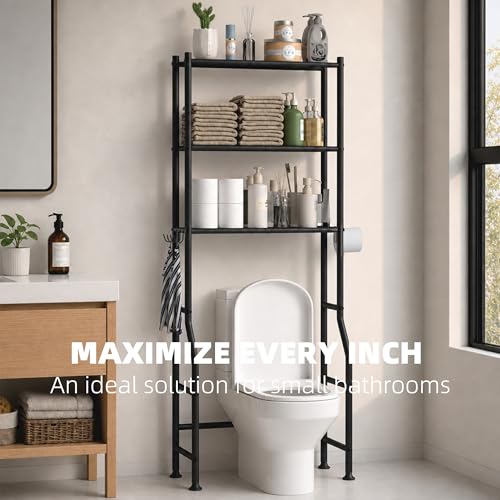 GloTika-3-Tier-Over-Toilet-Storage-Anti-Tilt-64-H-Black-Anti-Tilt-Safety-System-150lb-Capacity-Carbon-Steel-Freestanding-No-Drilling-Anti-Rust-Coating-Paper-Holder-4-Hooks
