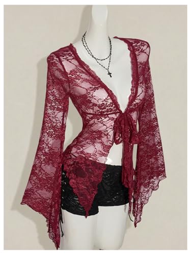 Milumia Women's Sexy Lace Bell Long Sleeve Tie Front Cardigan Sheer Mesh Y2K Rave Tops2