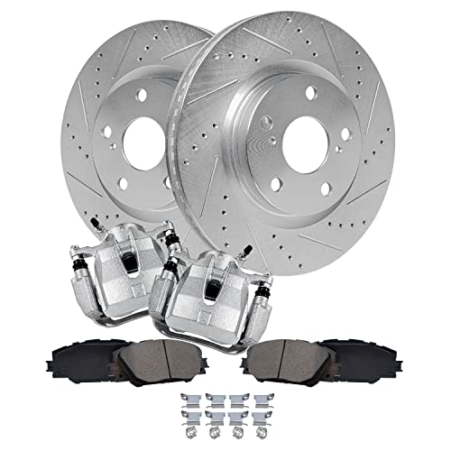 Image of Detroit Axle - Front Brake Kit for Toyota RAV4 Matrix Mirai Corolla iM | Pontiac Vibe Scion iM tC, Drilled & Slotted Brake Rotors and Ceramic Brake Pads Brake Calipers Replacement 11.65 inch inch Rotor