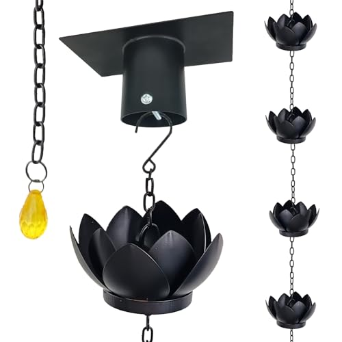 Quanqiuyi 8.5Ft Metal Lotus Rain Chain for Gutters, Rust-Resistant Outdoor Rain Catcher with Hanging Gutter Adapter, Perfect for Heavy Rain, Indoor/Outdoor Decoration, Dark Bronze Finish