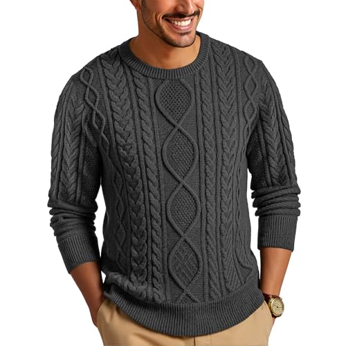 RQP Mens Crewneck Sweater Cable Knit Sweater Classic Fisherman Pullover Sweater