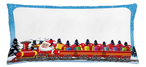 Lunarable Train Throw Pillow Cushion Cover, Santa's Steam Locomotive on Tracks in The Snow Cartoon Trees and Christmas Character, Decorative Rectangle Accent Pillow Case, 36