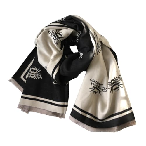 Reversible Women's Bee Print Knit Scarf - Soft Oblong Shawl Wrap in Dark Brown & Camel2