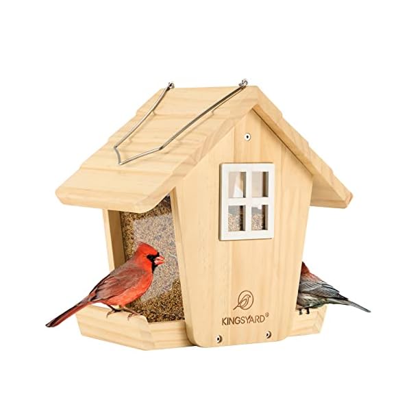 Kingsyard Farmhouse Bird Feeder, Hanging Birdfeeder with 2 Landing Trays, Large Capacity 3 lbs, Durable & Weatherproof, Original Wood