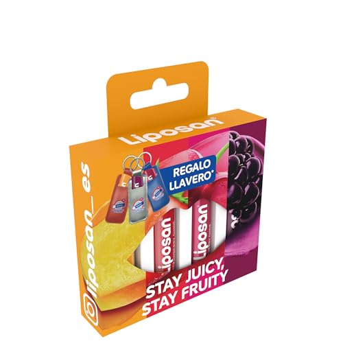 LIPOSAN Pack Bálsamo Labial Frutas 4en1, combina los bálsamos de labios en 4 sabores y tonos (Cereza, Mora, Fresa, Mango), protector labial en stick 4 en 1 (4 x 4,8 g). Incluye llavero de regalo