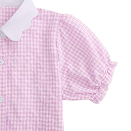 Image of Girls Button Down Shirt Puff Sleeves Blouse Summer Cute Top Doll Collar School Uniform, 4-13Y