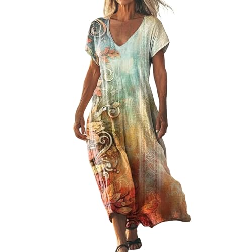 Sommerkleid Damen Lang Boho Strandkleid Elegant Maxikleid V-Ausschnitt Kurzarm Sommer Tunika Kleid Leicht Luftig,13 Orange,L