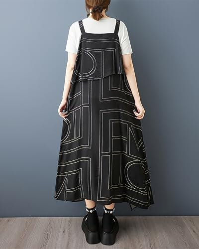 ellazhu Women's Pants Printed Plus Size Patterned Irregular Hem Adjustable Suspender Fashion Casual GZ554 A4